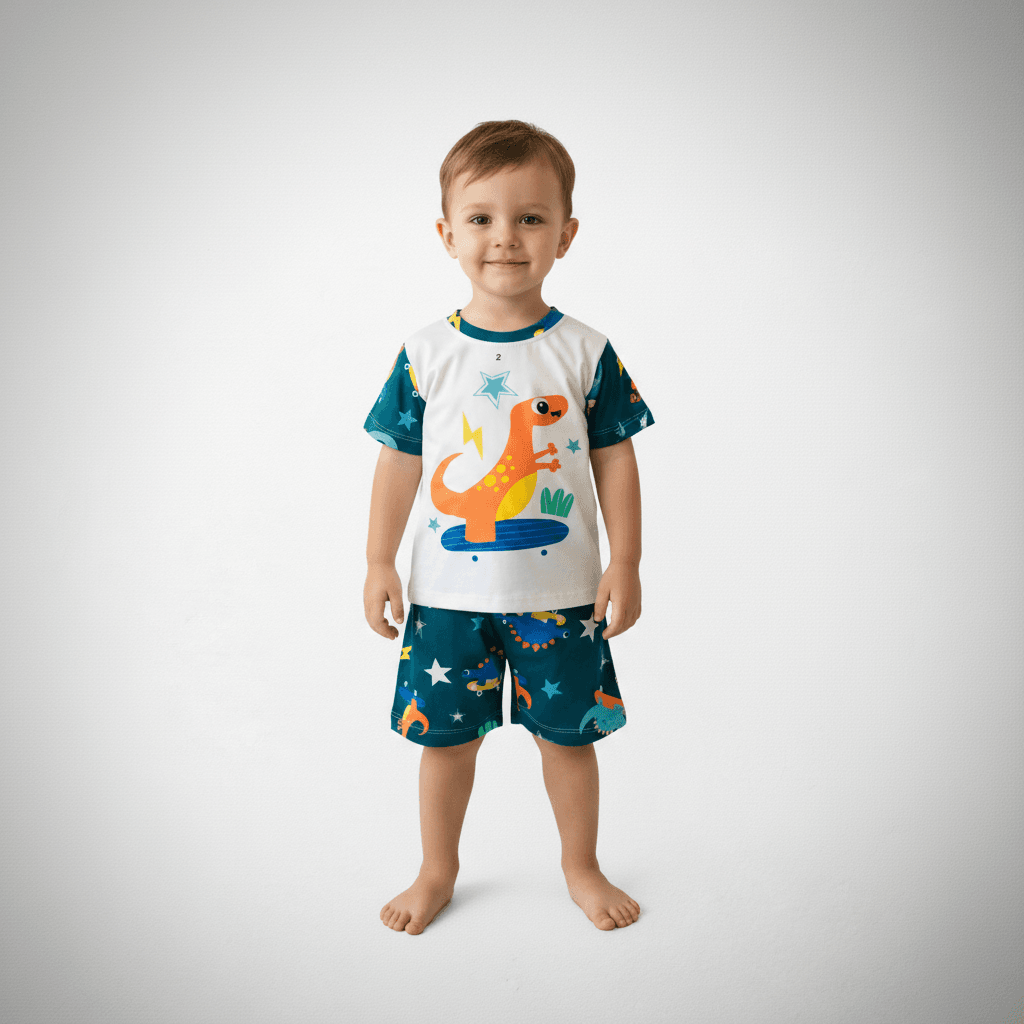 Pijama infantil manga curta com dinossauro andando de skate