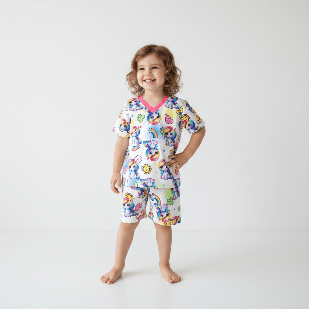 Pijama infantil manga curta com estampa de unicórnio