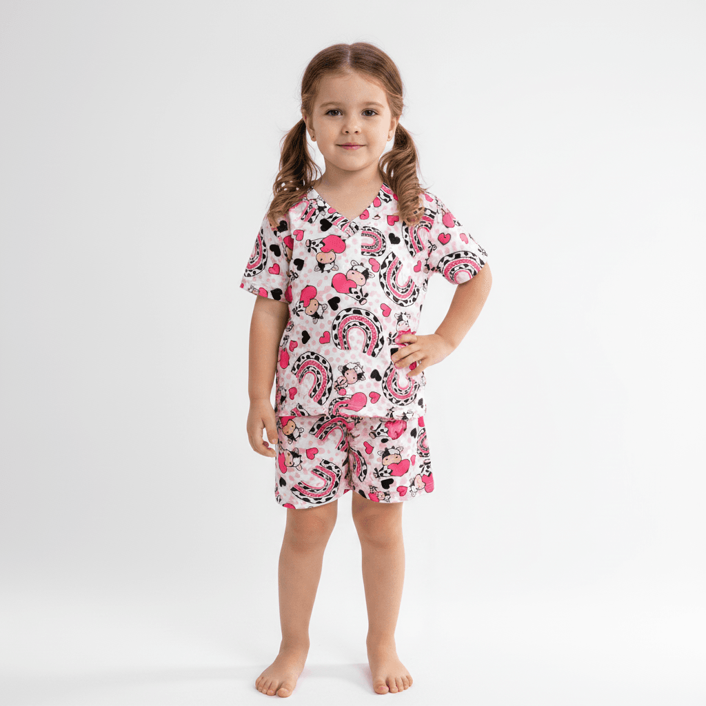 Pijama infantil manga curta com estampa de vaquinha